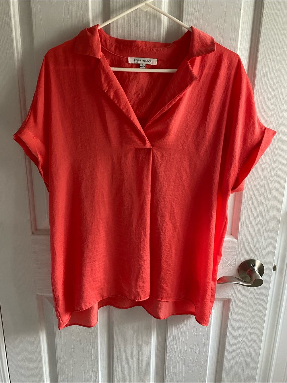 Rose & Olive Coral-Red Short Sleeve V-Neck Top